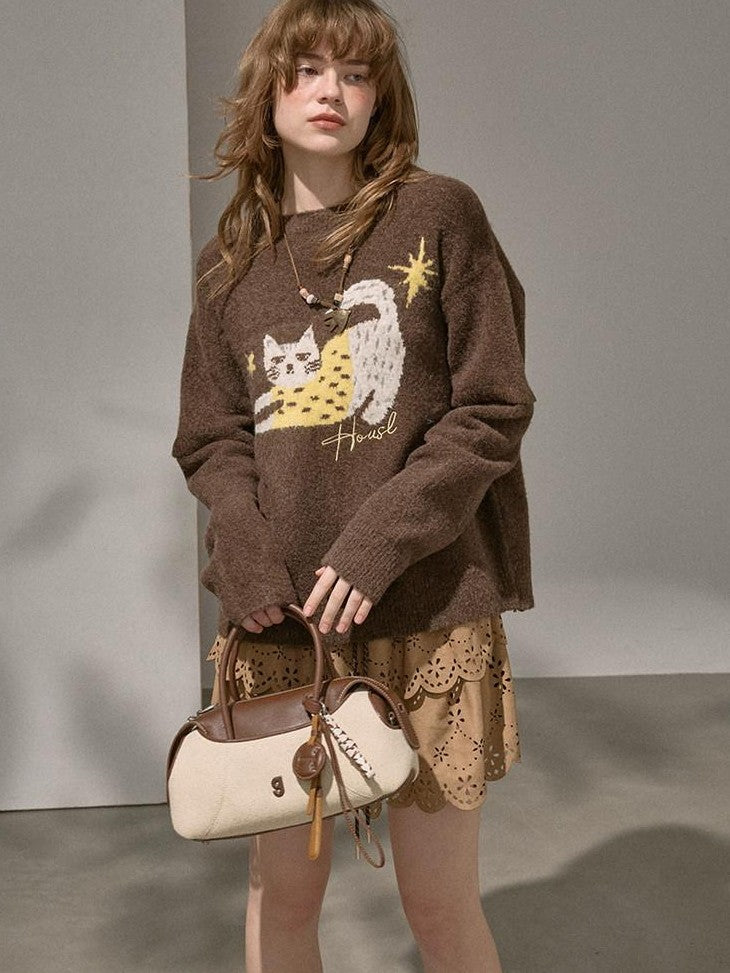 DIDDI MODA Cute Embroidered Cat Round Neck Loose Knitted Women&