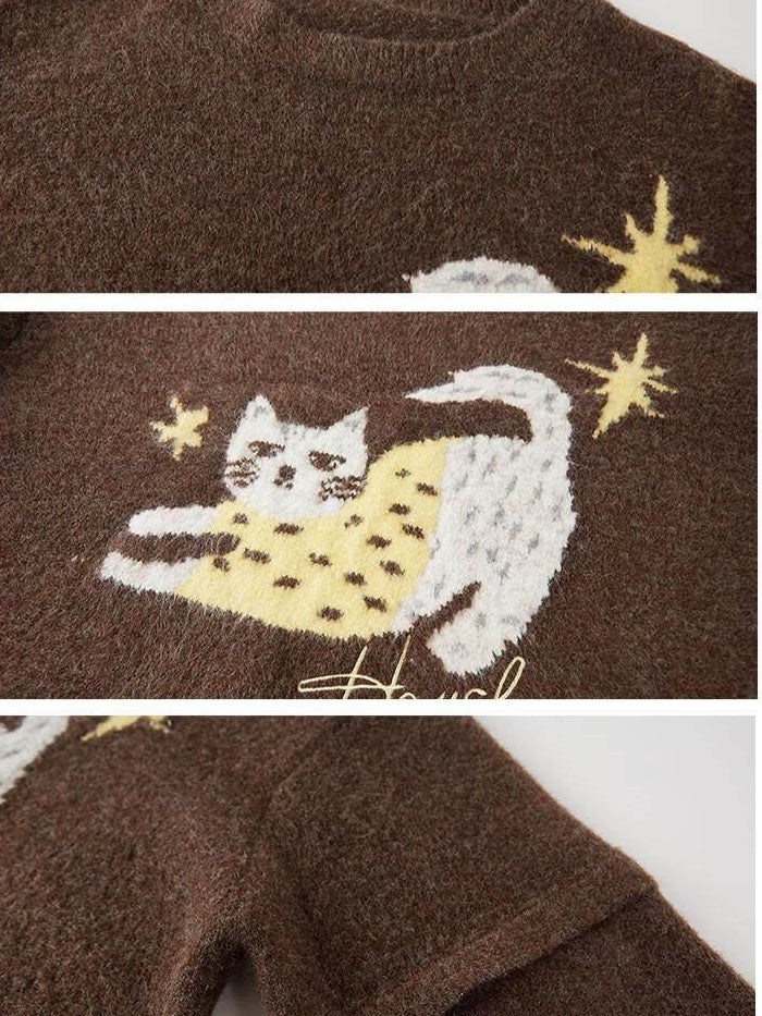 DIDDI MODA Cute Embroidered Cat Round Neck Loose Knitted Women&