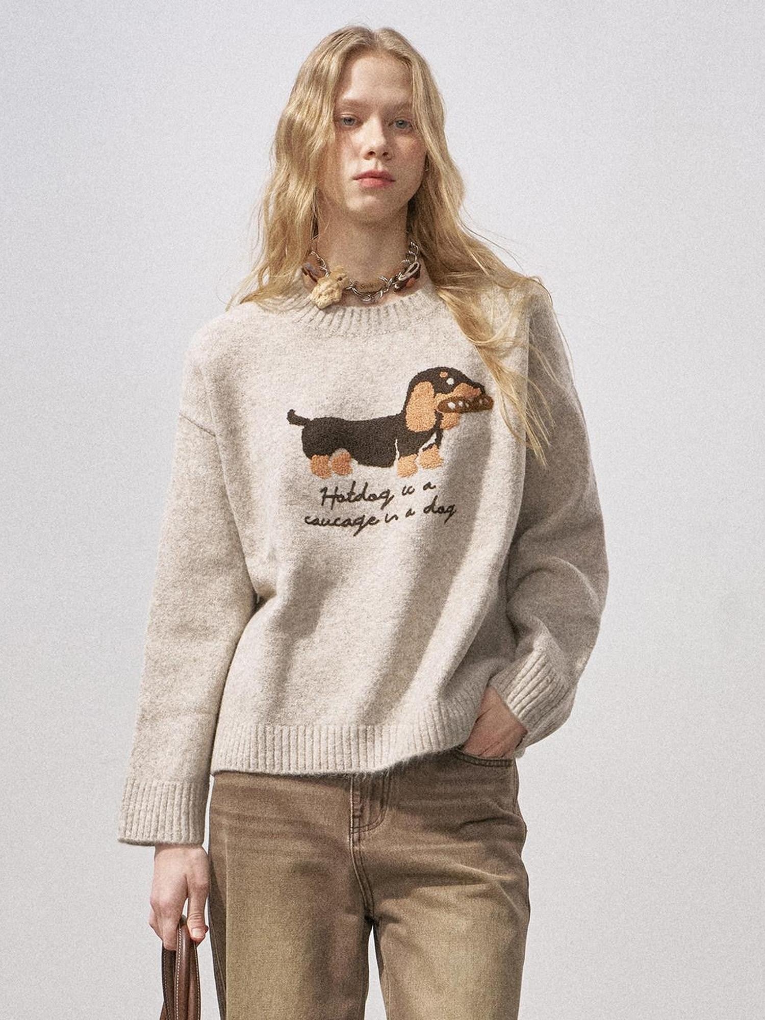 DIDDI MODA Dachshund Jacquard Loose Long Sleeve Women&
