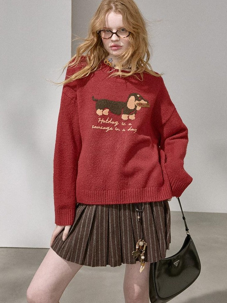 DIDDI MODA Dachshund Jacquard Loose Long Sleeve Women&