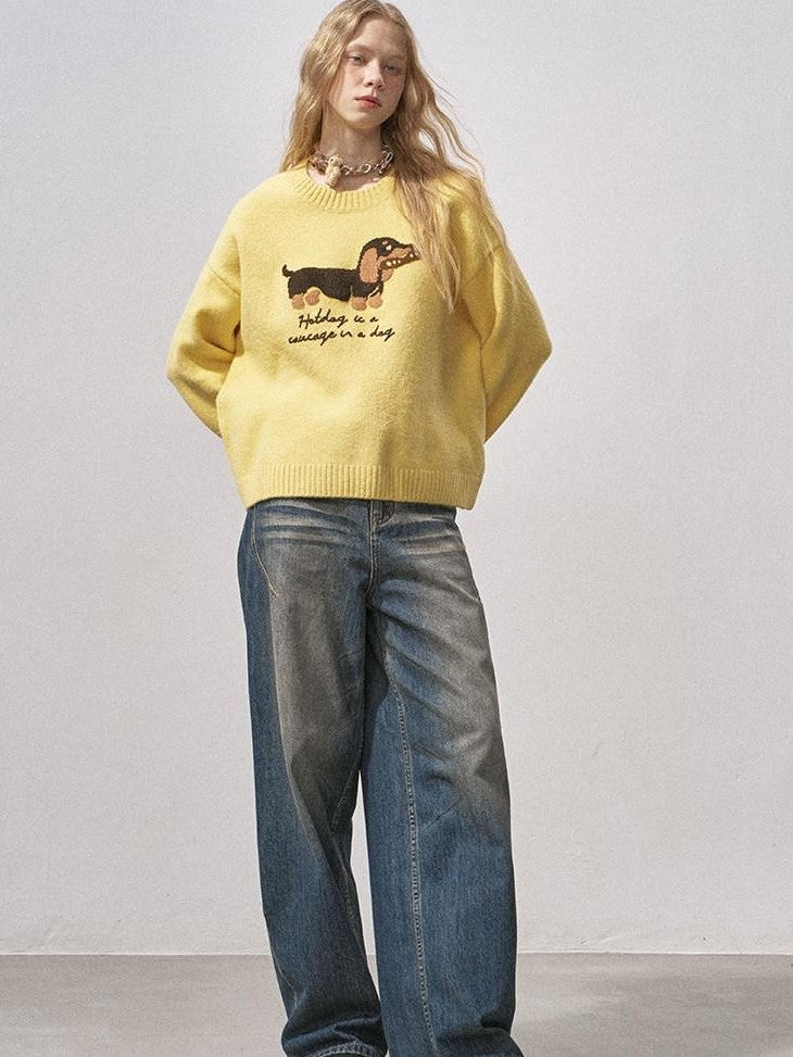 DIDDI MODA Dachshund Jacquard Loose Long Sleeve Women&