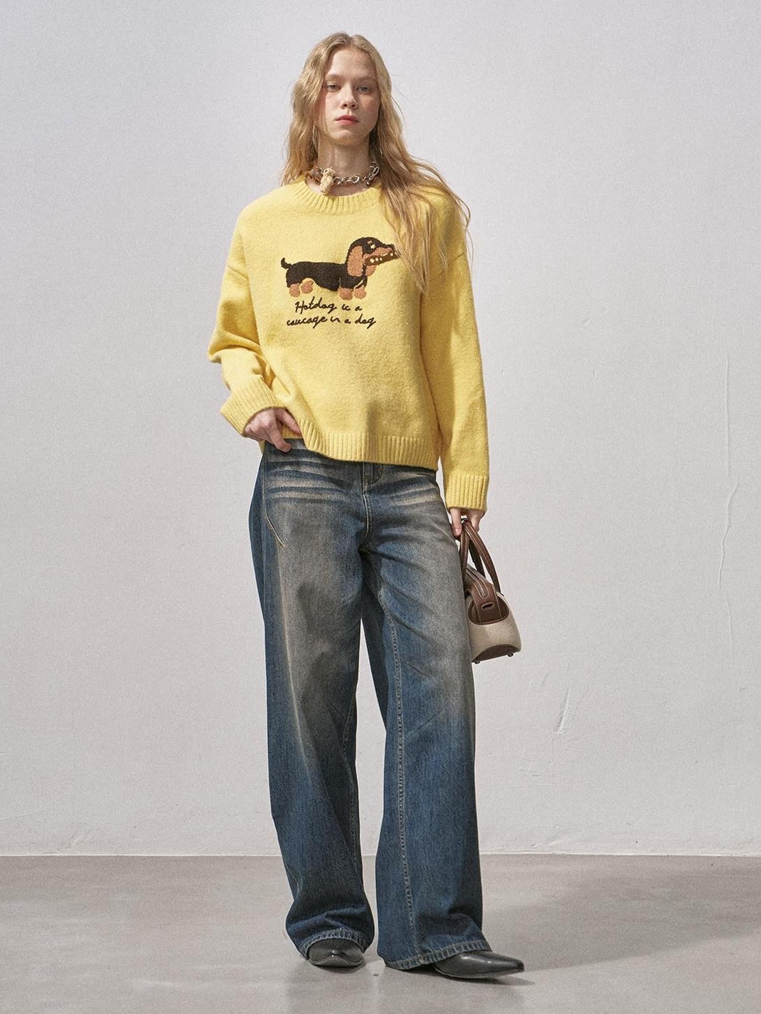 DIDDI MODA Dachshund Jacquard Loose Long Sleeve Women&