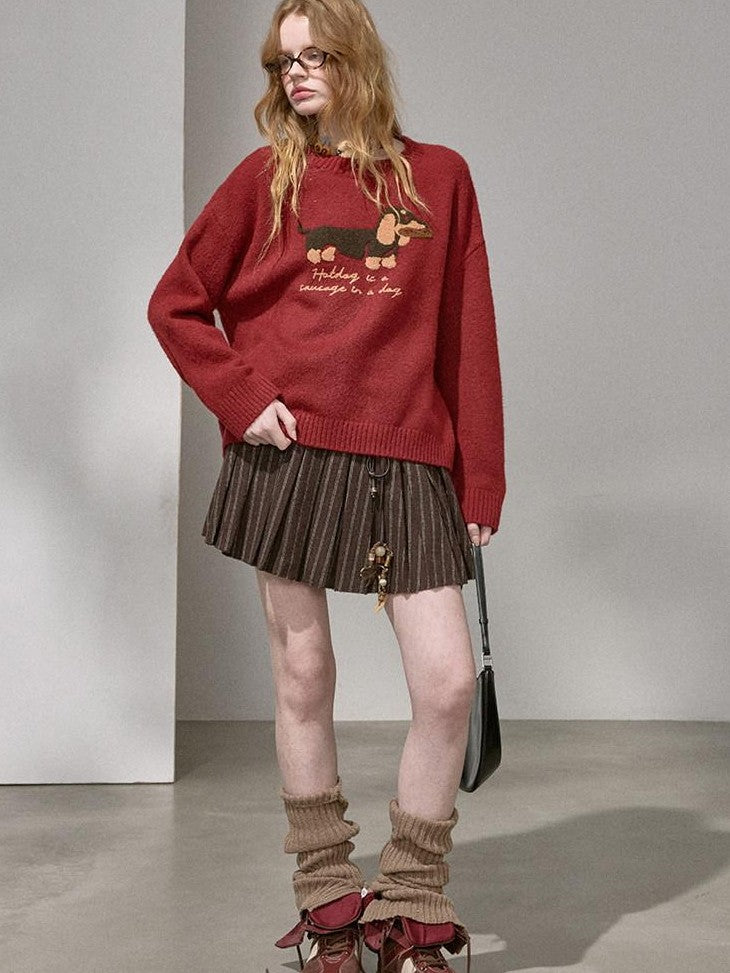 DIDDI MODA Dachshund Jacquard Loose Long Sleeve Women&