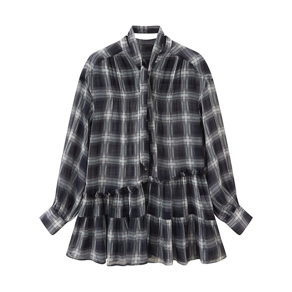 DIDDI_MODA_Dark_Blue_Plaid_Ruffle_Hem_Drop_Shoulder_V-neck_Long_Sleeve_Women&