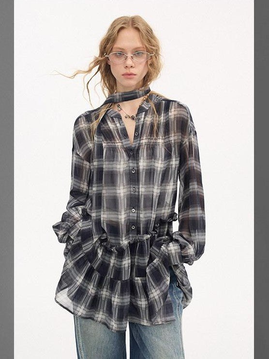 DIDDI MODA Dark Blue Plaid Ruffle Hem Drop Shoulder V-neck Long Sleeve Women&