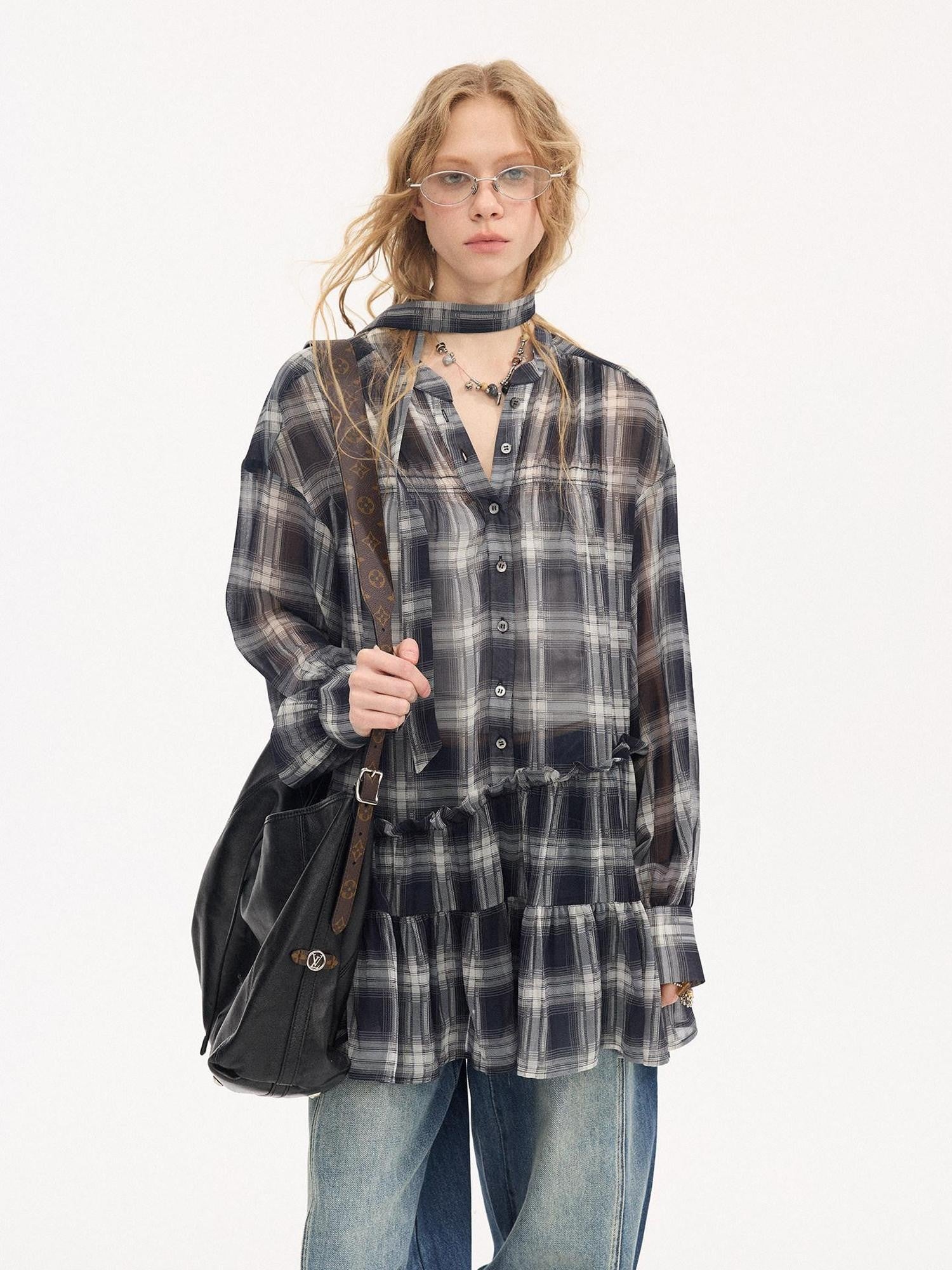 DIDDI MODA Dark Blue Plaid Ruffle Hem Drop Shoulder V-neck Long Sleeve Women&
