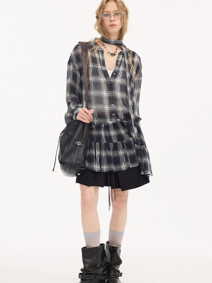 DIDDI MODA Dark Blue Plaid Ruffle Hem Drop Shoulder V-neck Long Sleeve Women&