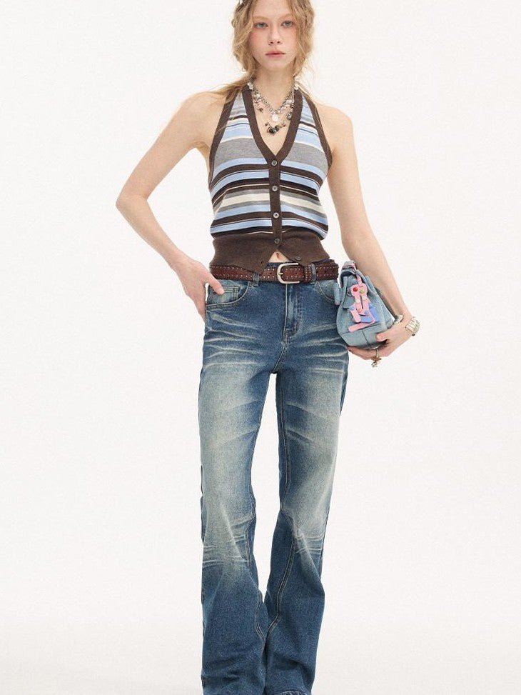DIDDI MODA Denim Blue Whisker Distressed Low Rise Wide Leg Loose Women&