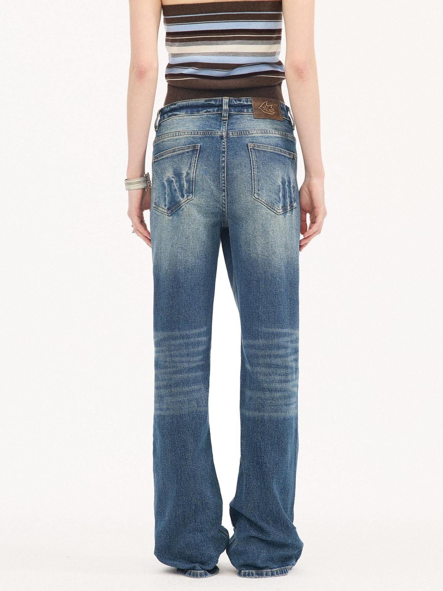 DIDDI MODA Denim Blue Whisker Distressed Low Rise Wide Leg Loose Women&