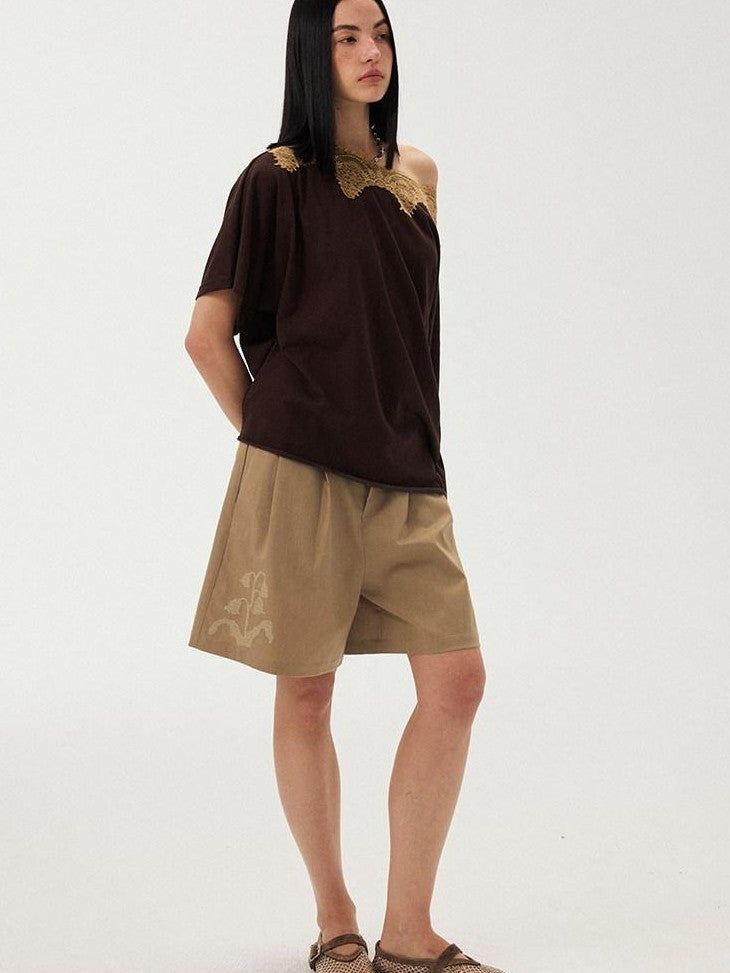 DIDDI MODA Desert Brown Embroidered Pleated Wide Leg Women&