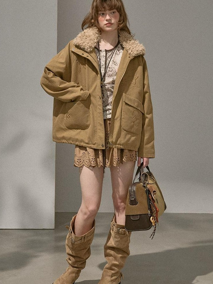 DIDDI MODA Detachable Fur Collar Cartoon Embroidery Women&