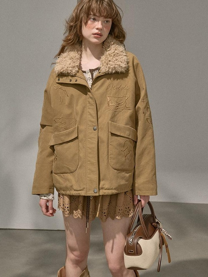 DIDDI MODA Detachable Fur Collar Cartoon Embroidery Women&
