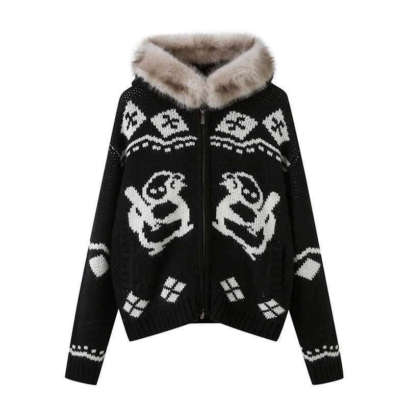 DIDDI_MODA_Detachable_Fur_Collar_Penguin_Jacquard_Hooded_Women&