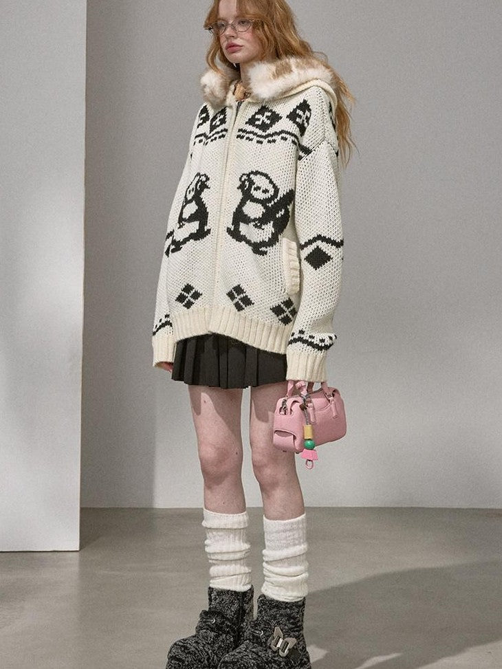 DIDDI MODA Detachable Fur Collar Penguin Jacquard Hooded Women&