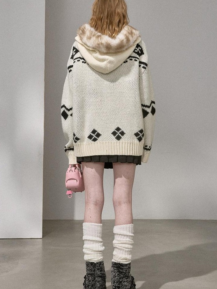 DIDDI MODA Detachable Fur Collar Penguin Jacquard Hooded Women&