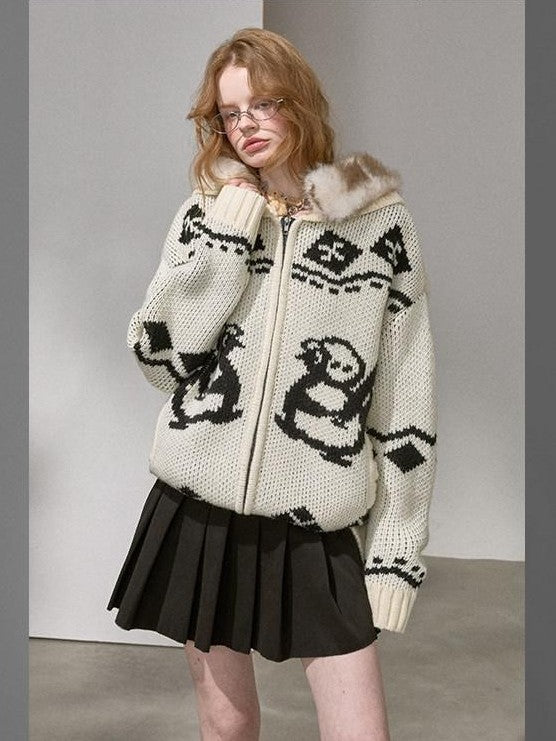 DIDDI MODA Detachable Fur Collar Penguin Jacquard Hooded Women&