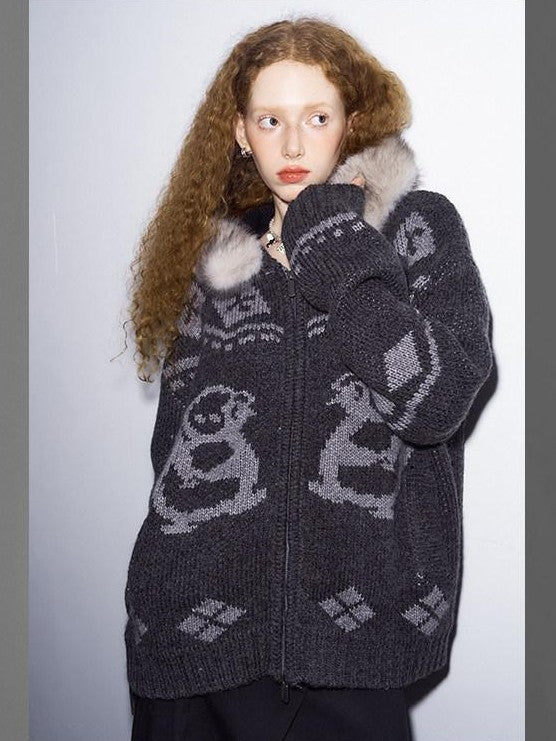 DIDDI MODA Detachable Fur Collar Penguin Jacquard Hooded Women&