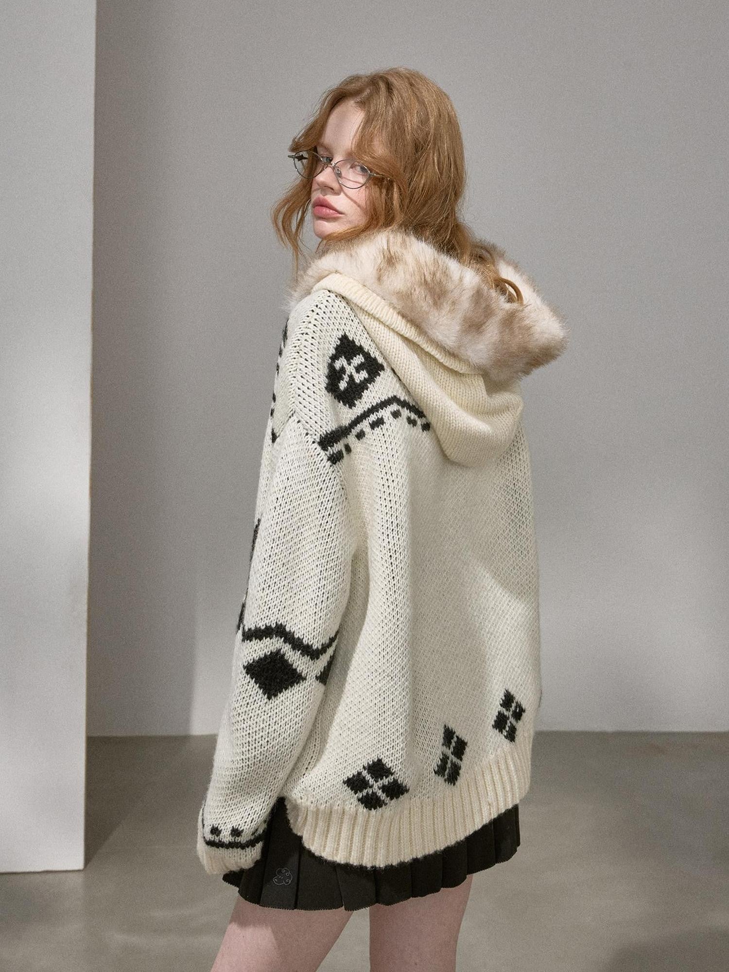 DIDDI MODA Detachable Fur Collar Penguin Jacquard Hooded Women&