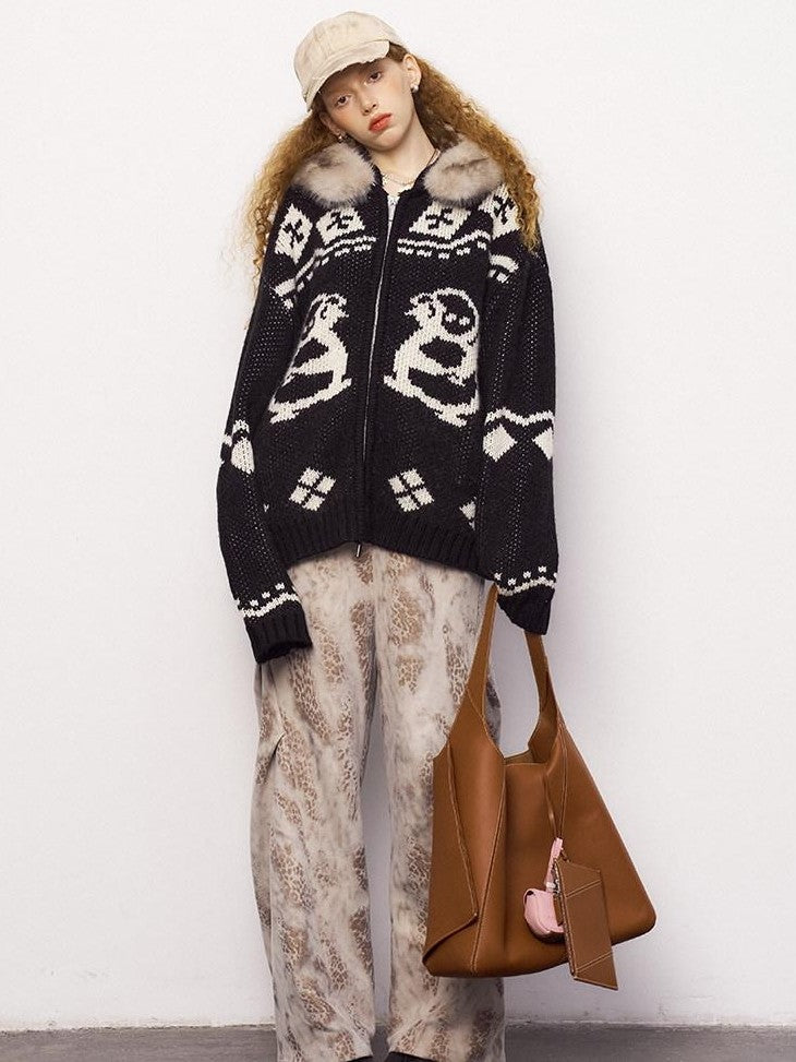 DIDDI MODA Detachable Fur Collar Penguin Jacquard Hooded Women&