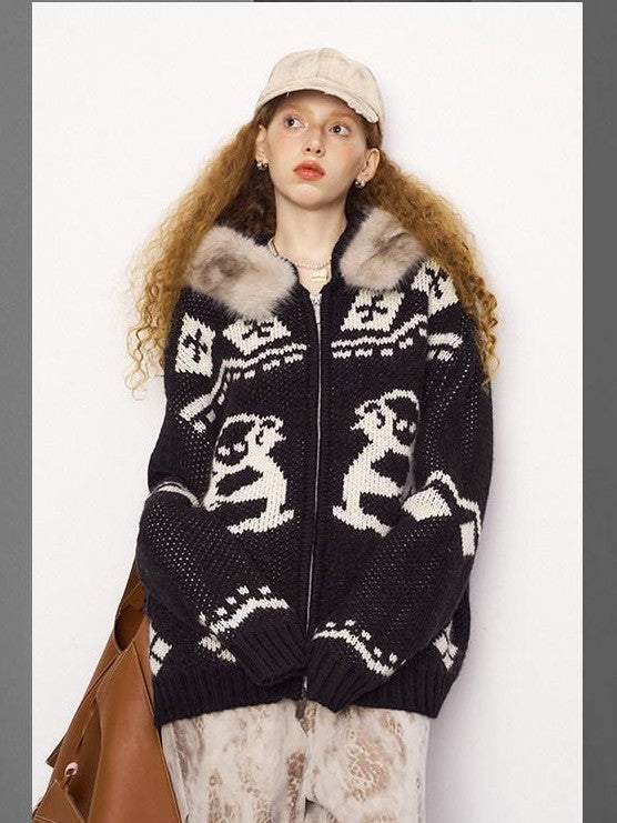 DIDDI MODA Detachable Fur Collar Penguin Jacquard Hooded Women&