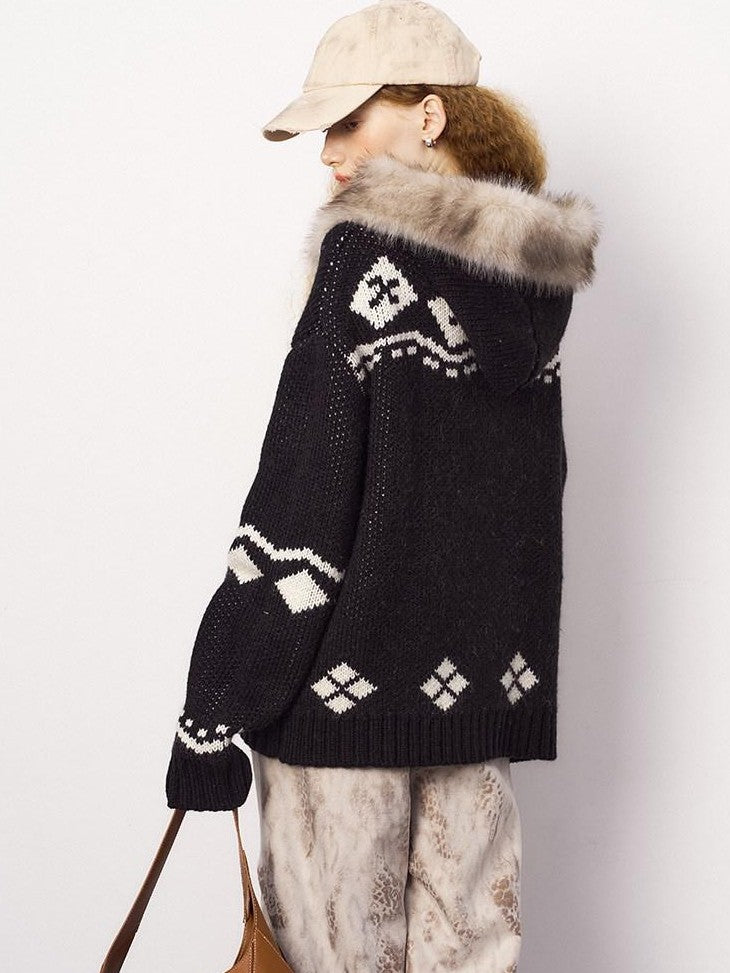 DIDDI MODA Detachable Fur Collar Penguin Jacquard Hooded Women&