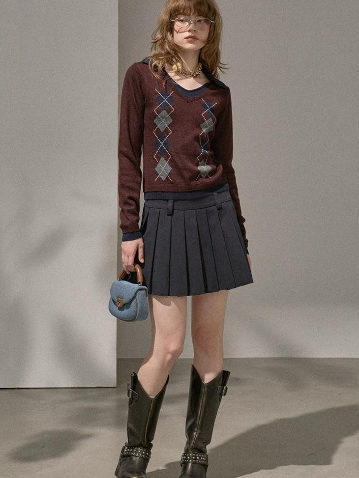 DIDDI MODA Diamond V-neck Contrast Faux Layer Slim Women&