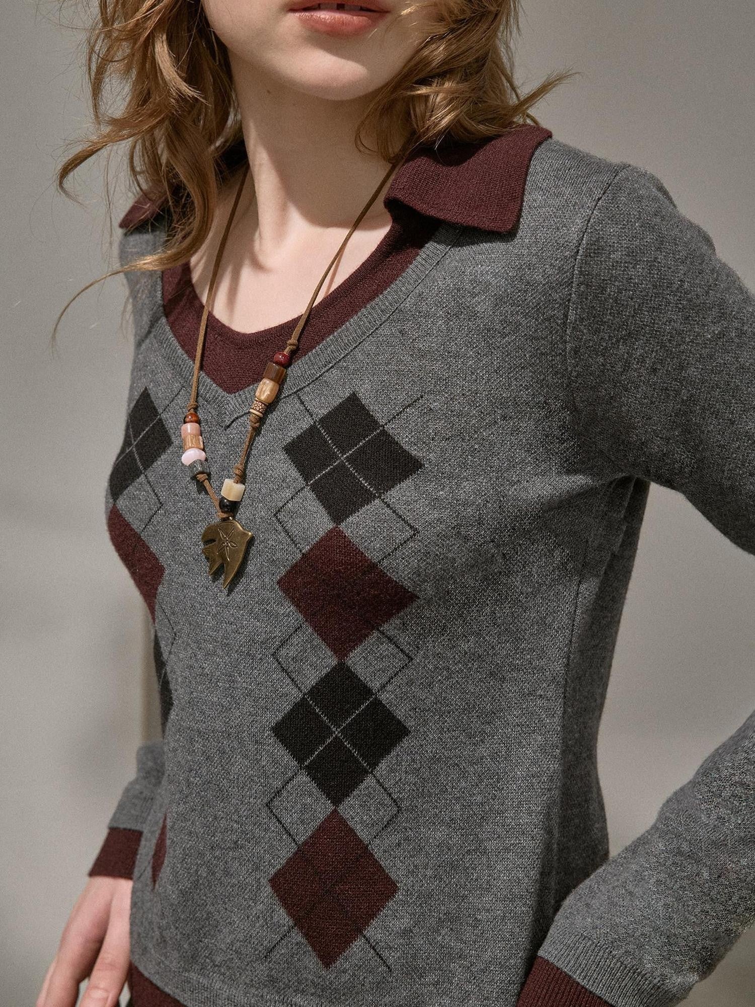 DIDDI MODA Diamond V-neck Contrast Faux Layer Slim Women&