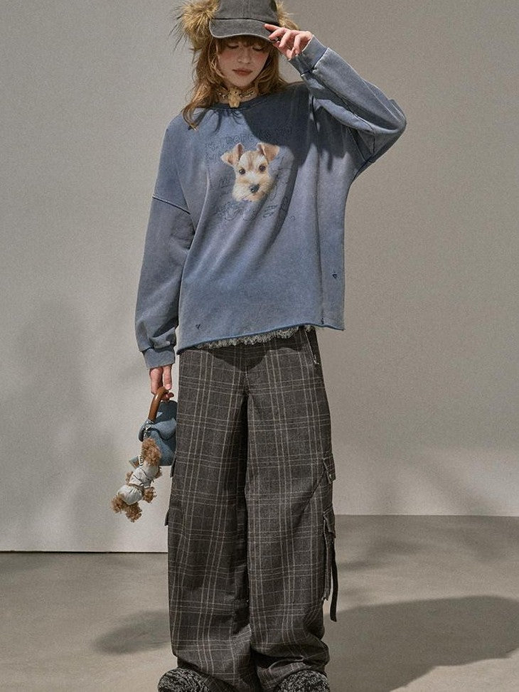 DIDDI MODA Distressed Text Puppy Washed Loose Oversized Women&