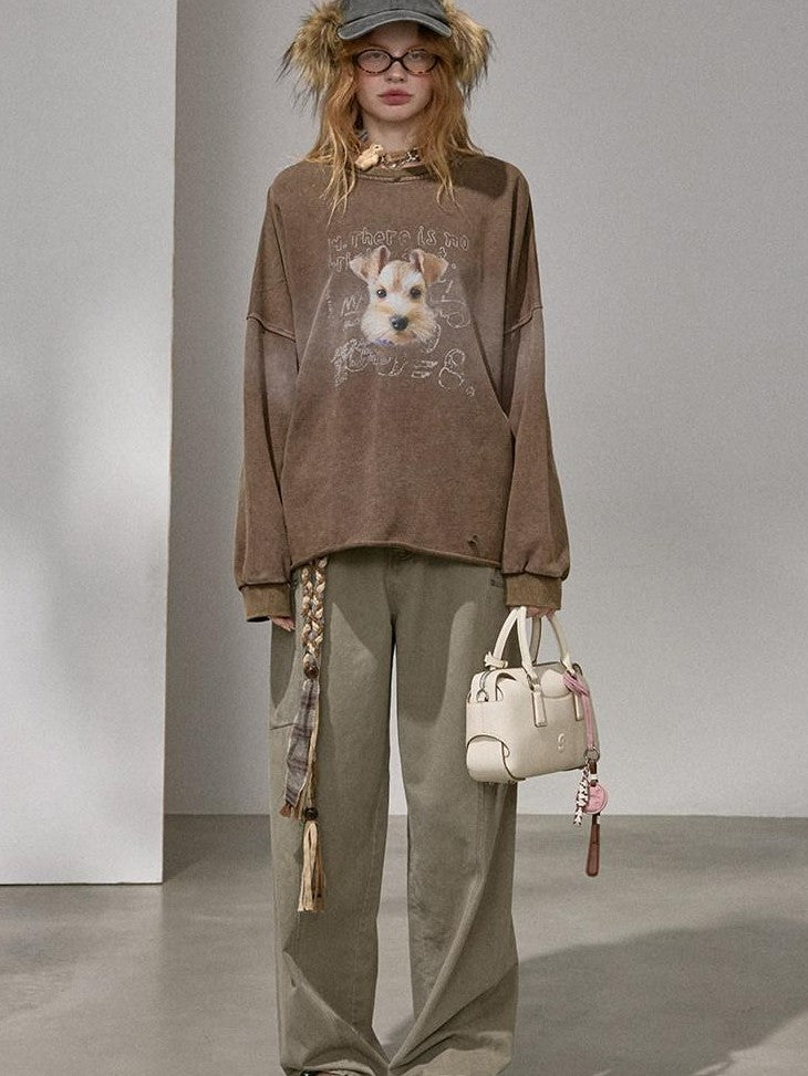 DIDDI MODA Distressed Text Puppy Washed Loose Oversized Women&