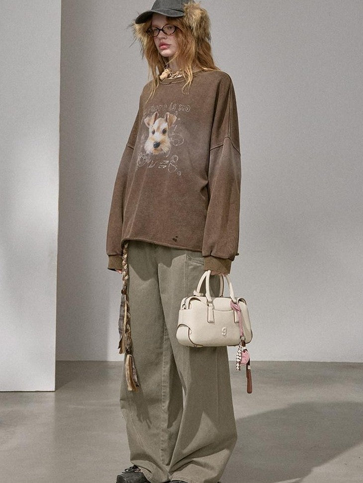 DIDDI MODA Distressed Text Puppy Washed Loose Oversized Women&