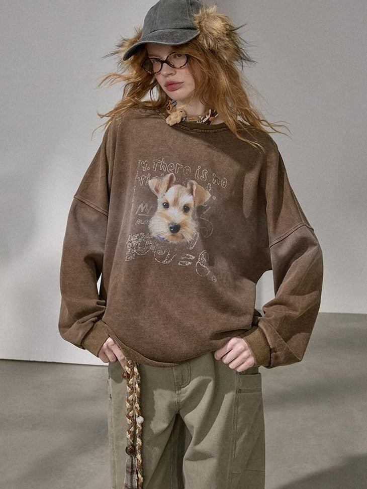 DIDDI MODA Distressed Text Puppy Washed Loose Oversized Women&
