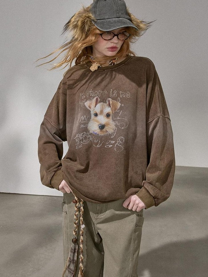 DIDDI MODA Distressed Text Puppy Washed Loose Oversized Women&