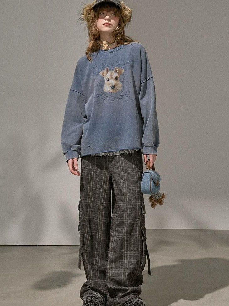 DIDDI MODA Distressed Text Puppy Washed Loose Oversized Women&