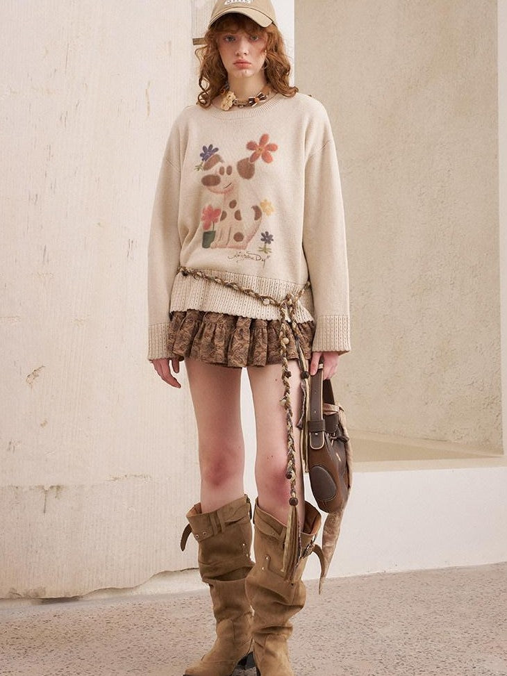 DIDDI MODA Dog Embroidery Openwork Hem Oversized Women&
