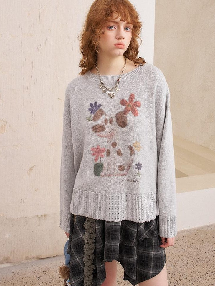 DIDDI MODA Dog Embroidery Openwork Hem Oversized Women&