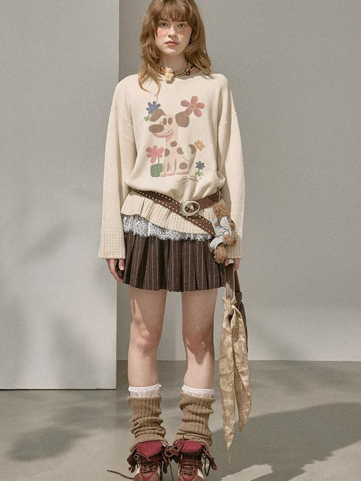 DIDDI MODA Dog Embroidery Openwork Hem Oversized Women&