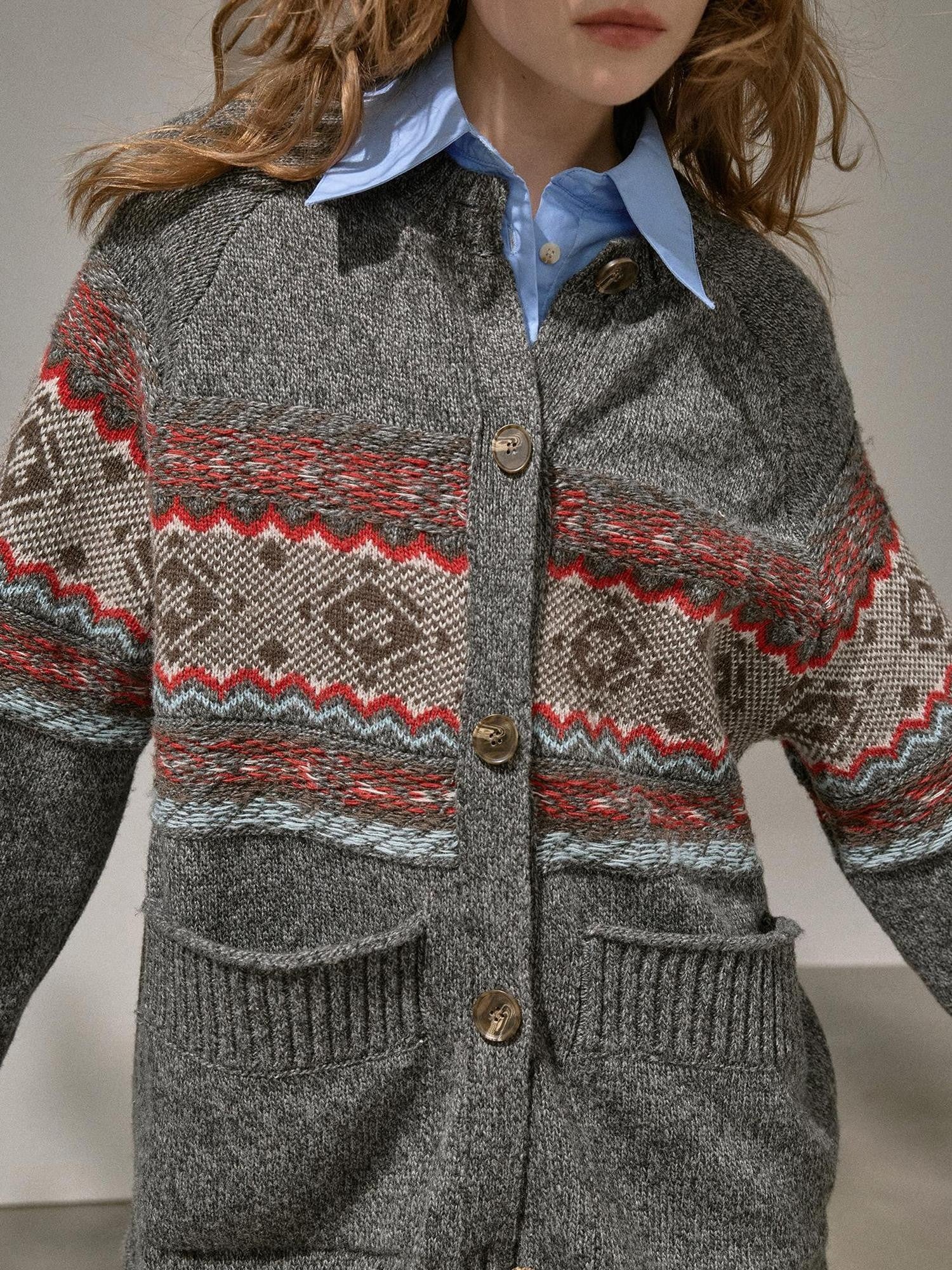 DIDDI MODA Fair Isle Jacquard Colorblock Oversized Women&