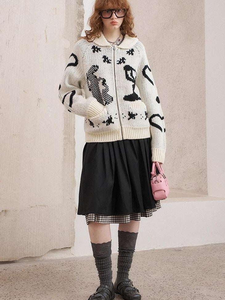 DIDDI MODA Fair Isle Jacquard Embroidered Knit V-neck Zipper Women&