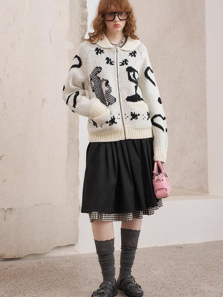 DIDDI MODA Fair Isle Jacquard Embroidered Knit V-neck Zipper Women&