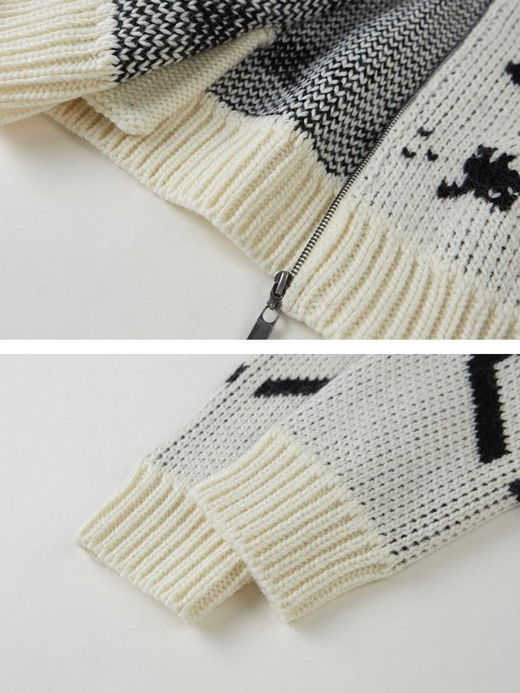 DIDDI MODA Fair Isle Jacquard Embroidered Knit V-neck Zipper Women&