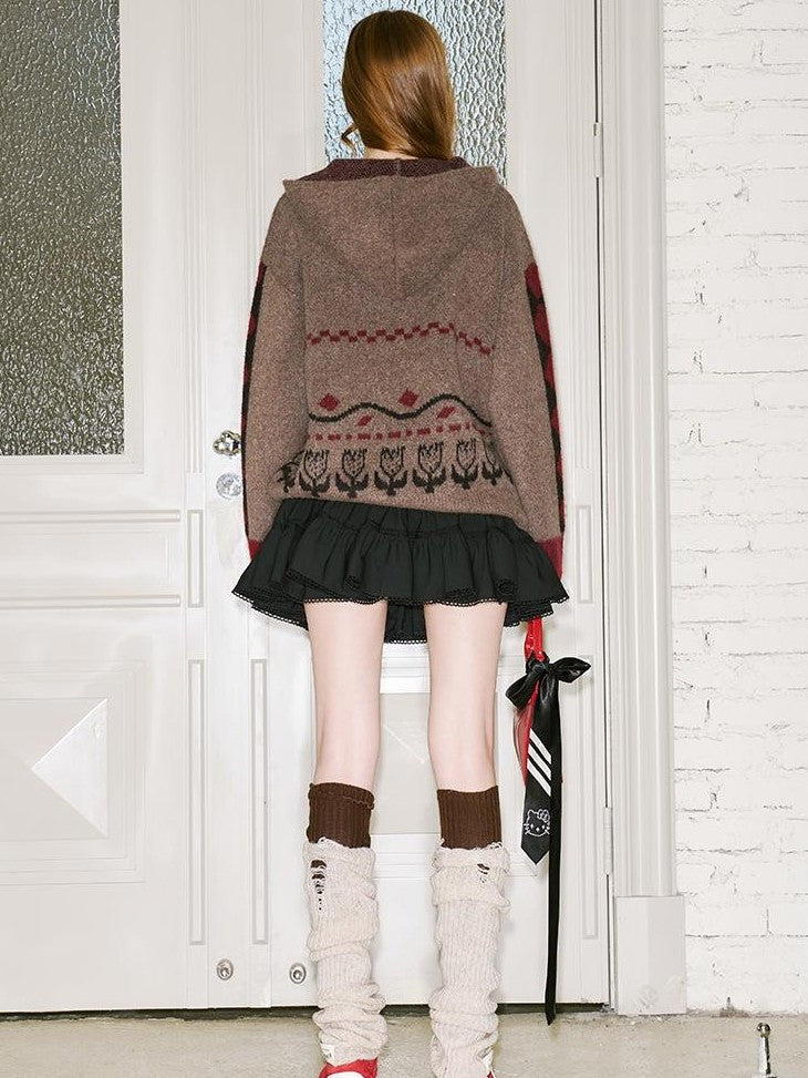 DIDDI MODA Fair Isle Pattern Hooded Pullover Knit Women&