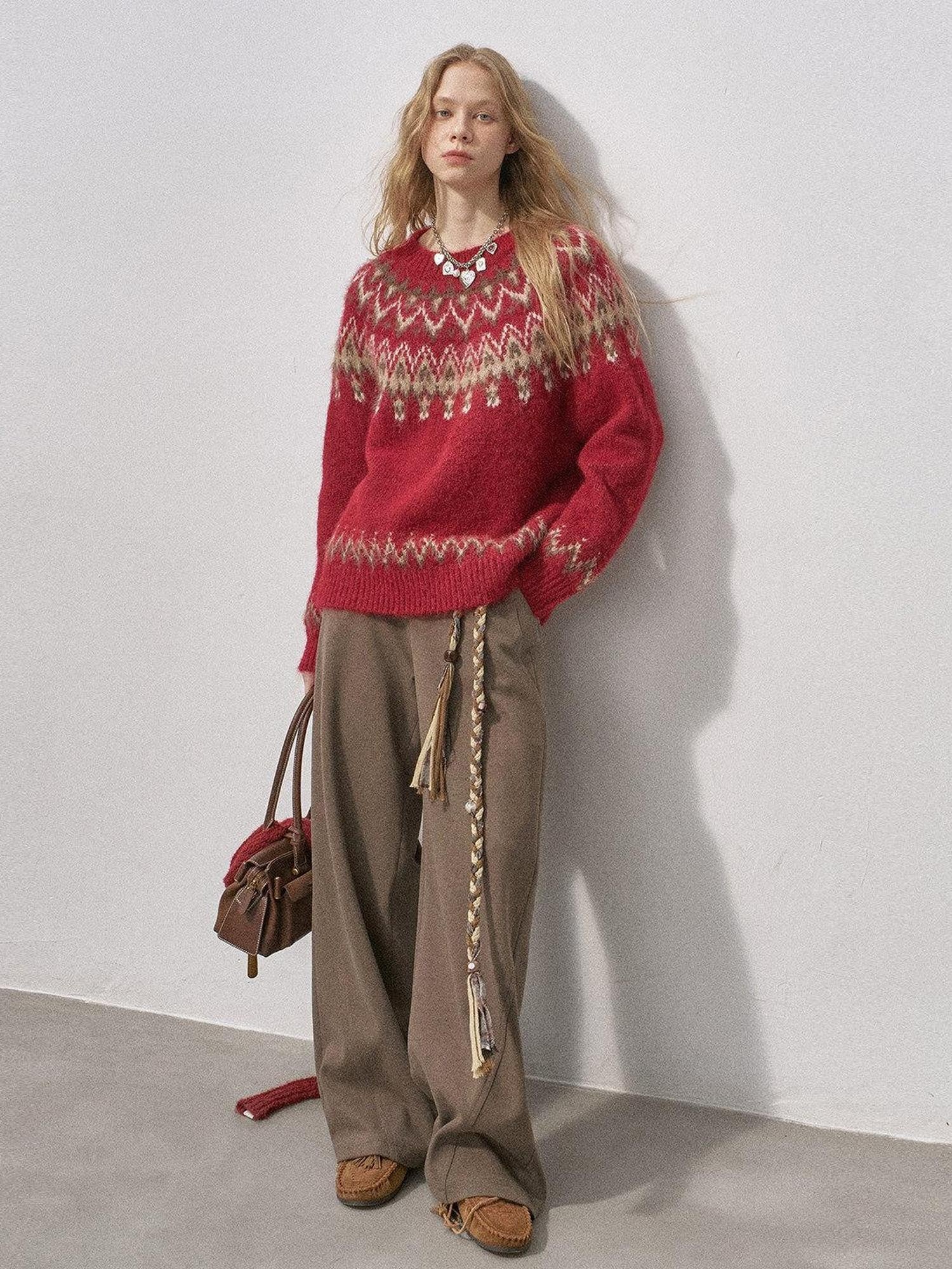 DIDDI MODA Fair Isle Pullover Crewneck Cardigan Loose Women&