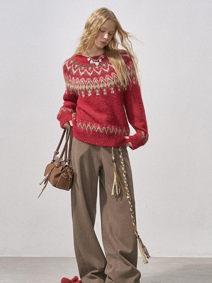 DIDDI MODA Fair Isle Pullover Crewneck Cardigan Loose Women&