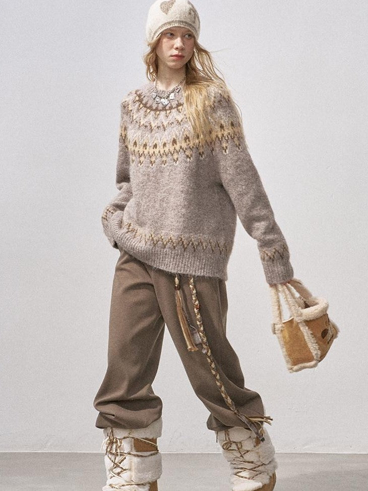 DIDDI MODA Fair Isle Pullover Crewneck Cardigan Loose Women&