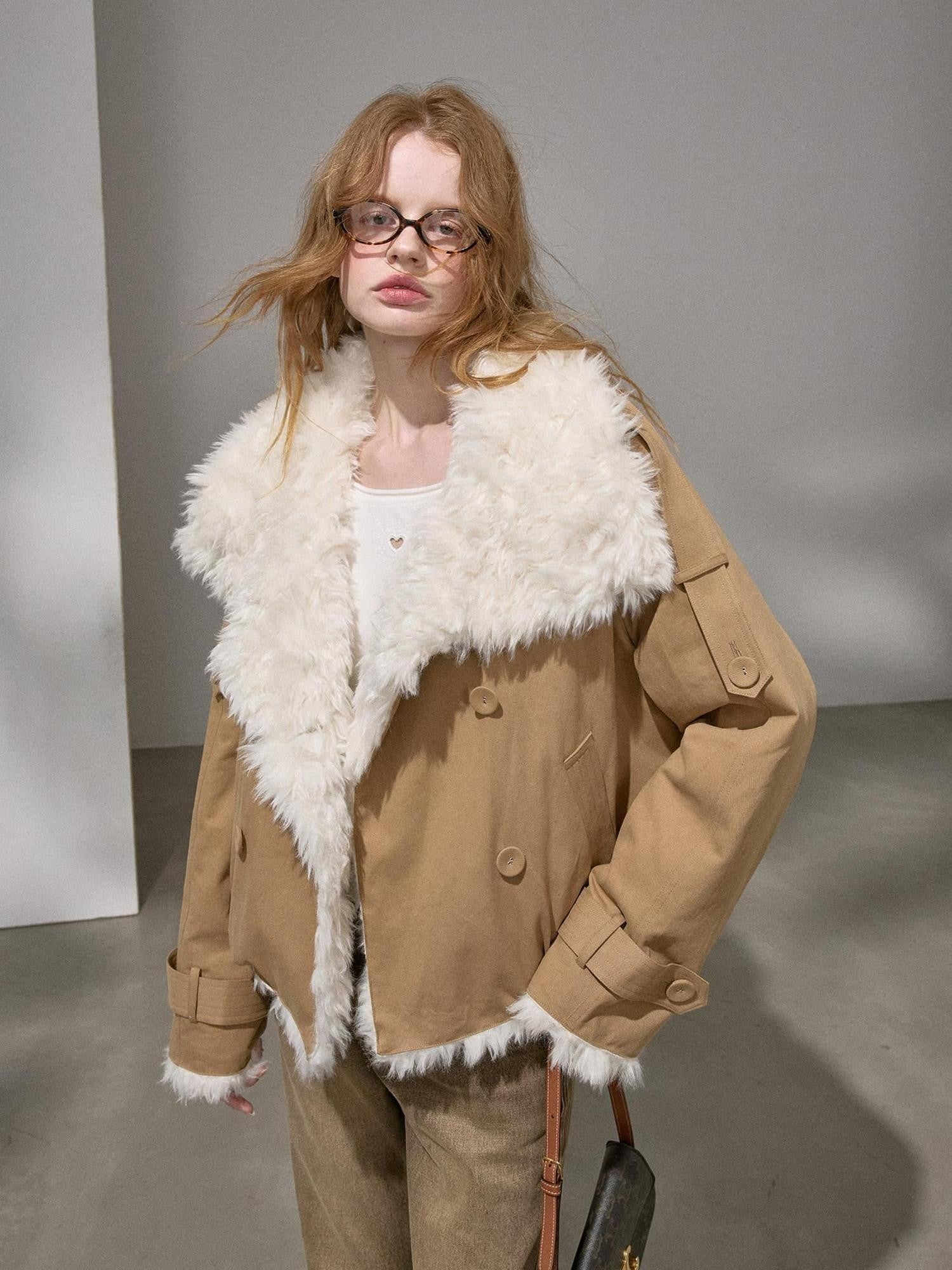 DIDDI MODA Faux Fur Collar Double Breasted Women&