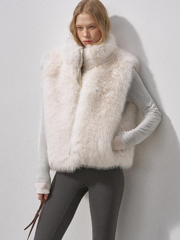 DIDDI MODA Fluffy Eco Faux Fur Two Way U Neck Single Breasted Women&