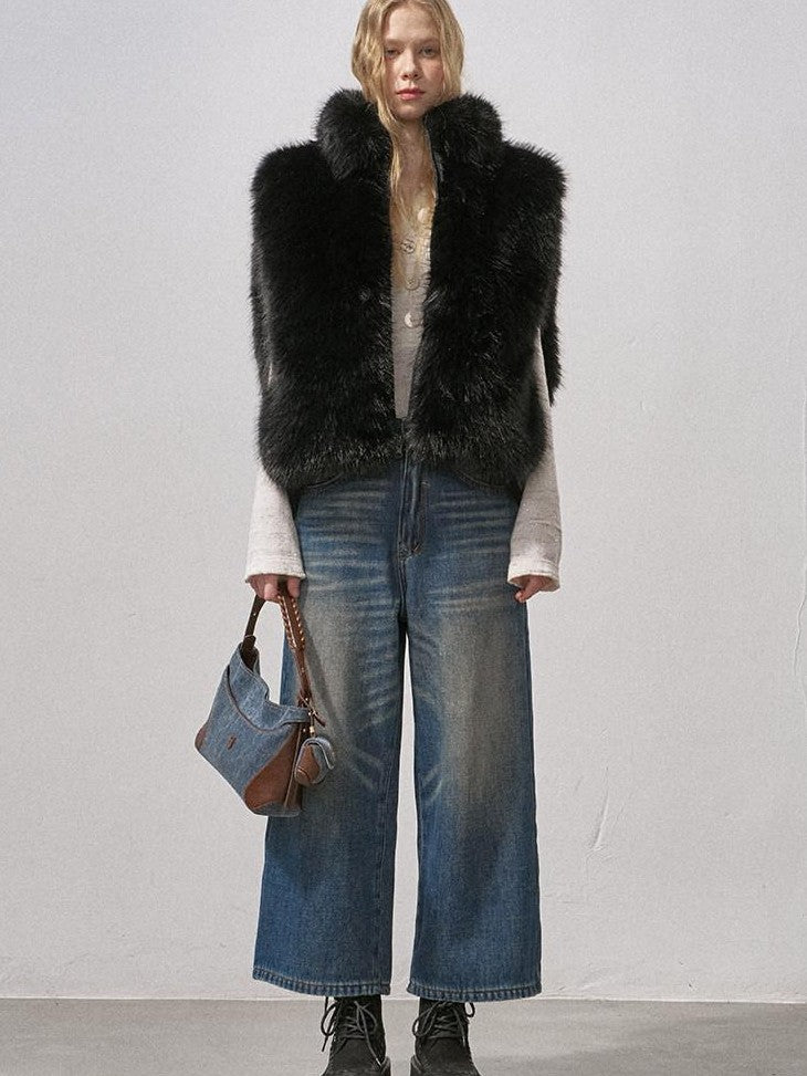 DIDDI MODA Fluffy Eco Faux Fur Two Way U Neck Single Breasted Women&