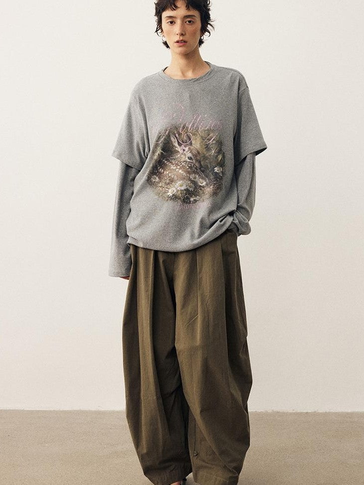 DIDDI MODA Forest Deer Print Layered Shoulder Drop Loose Women&