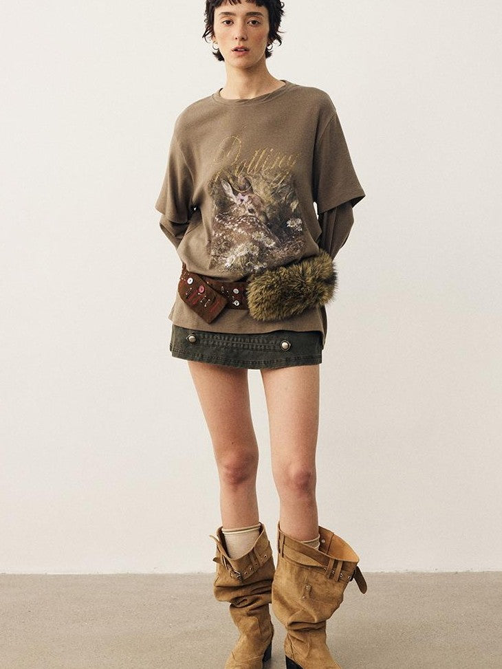 DIDDI MODA Forest Deer Print Layered Shoulder Drop Loose Women&