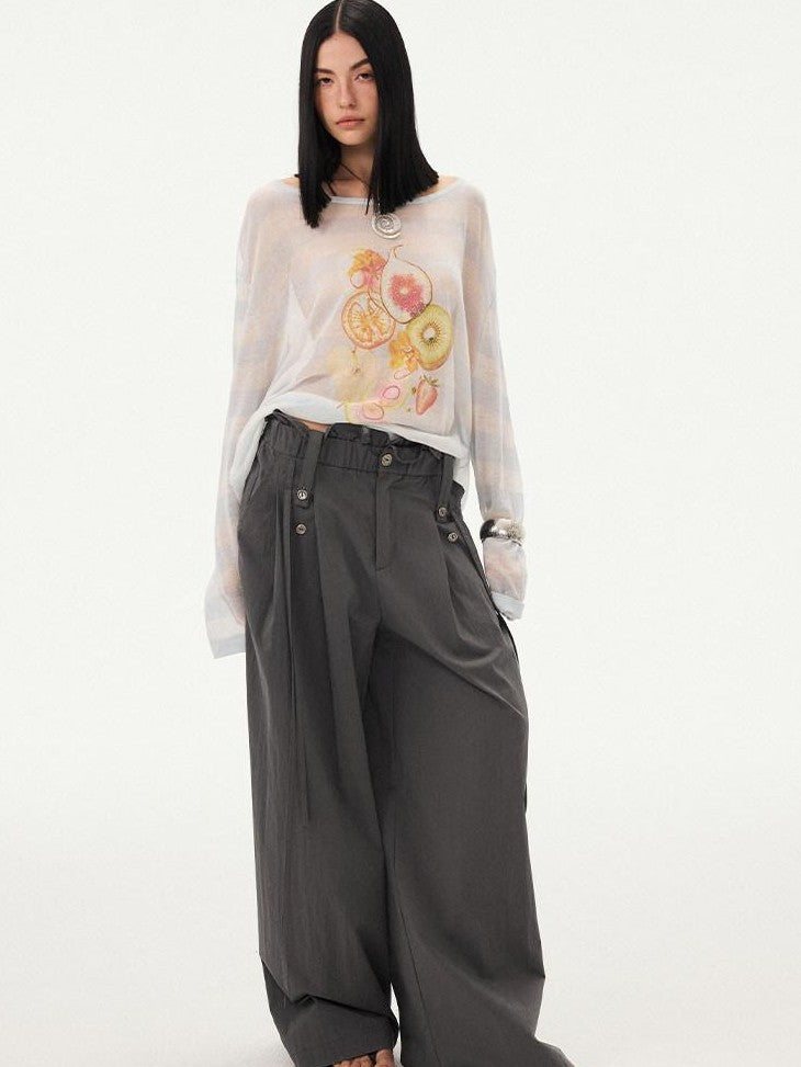 DIDDI MODA Frilled Lace Pleated High Waist Button Women&
